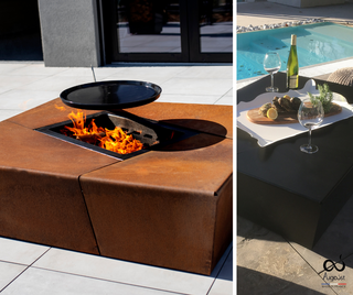 Stylish fireplace-table Augoust Brasero Lounge, corten, with drawer